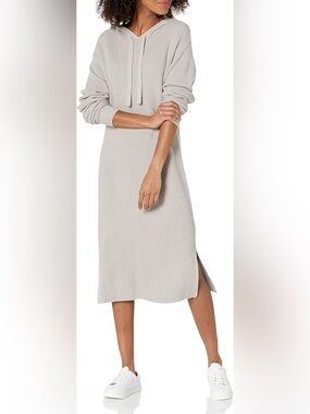 Hooded Rib-Knit Long Sleeve Sweater Dress in Taupe